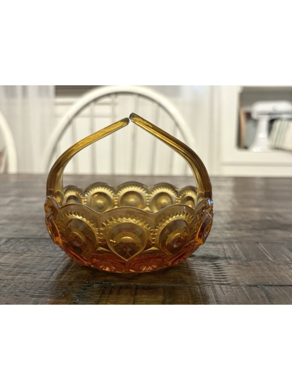 L.E. Smith Moon And Stars Amber Split Handle Glass Candy Basket